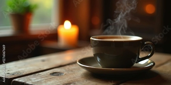 Fototapeta Steaming cup of coffee on a wooden table with a soft focus candle in the background, ambiance, candles