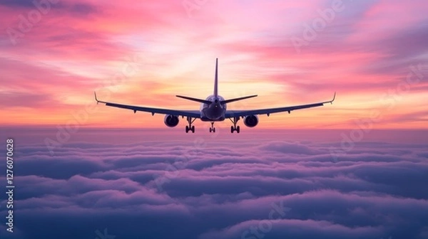 Fototapeta Airplane Above the Clouds at Sunset - Airplane flying above a layer of clouds during a vibrant sunset. Perfect for travel, adventure, and freedom themes