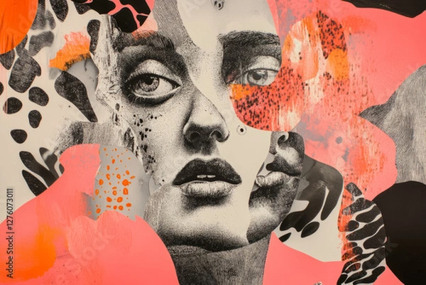Obraz A collage of surreal human faces in a fragmented risograph style, with overlapping distorted features, bold halftone textures, and abstract shapes adding depth.