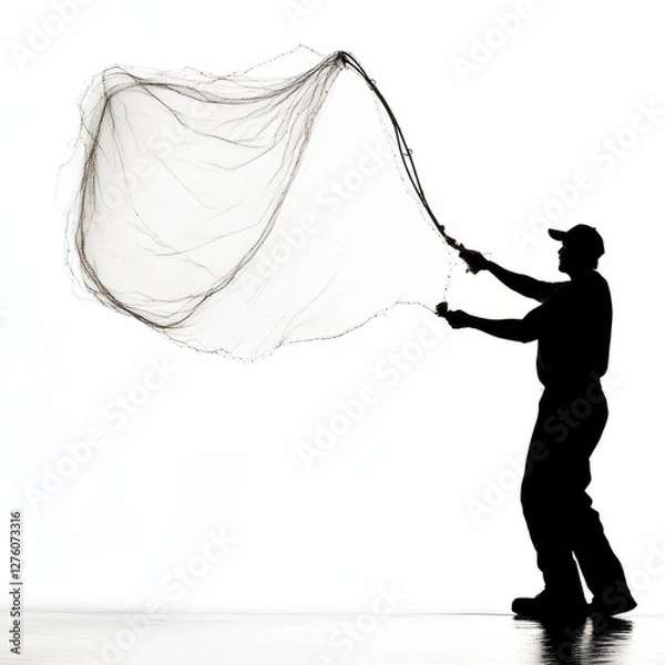 Fototapeta Silhouette of a person casting a fishing net in a wide arc against white.