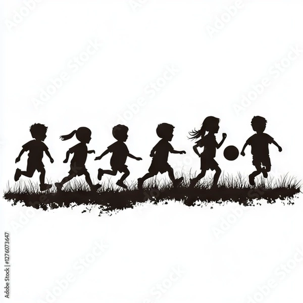 Fototapeta Silhouette of children running together through tall grass and playing with a ball
