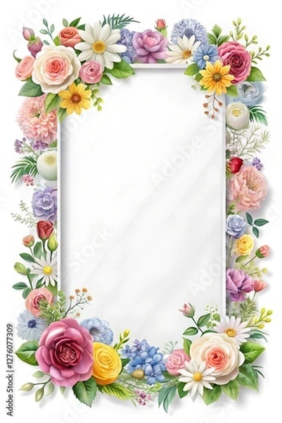 Fototapeta Exquisite Digital Illustration of a Whiteboard Element with Ornate Floral Borders, Featuring Pastel Flowers and Lush Greenery in Ultra-High Resolution