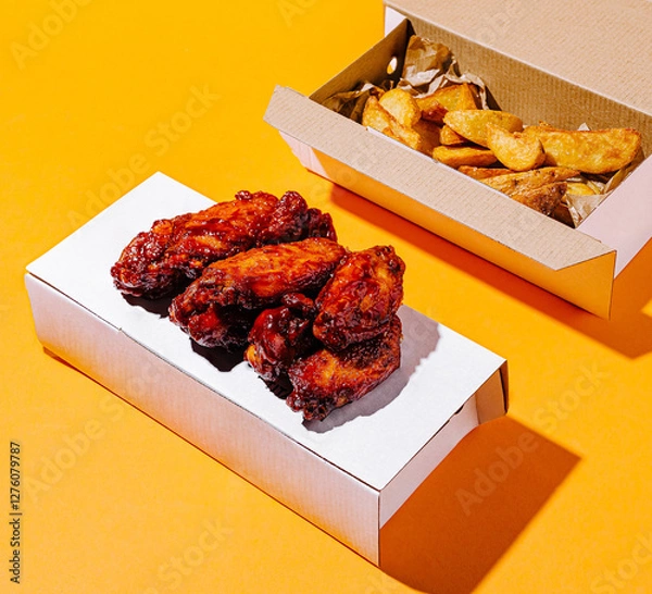Obraz Delicious chicken wings and golden fries served in takeout boxes