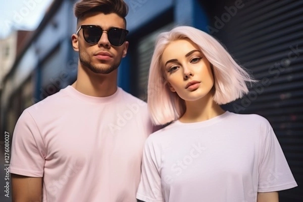 Obraz A man and a woman are standing next to each other on a street