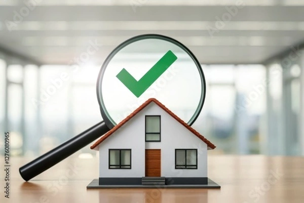 Obraz Model House Under Magnifying Glass with Green Checkmark on Wooden Table