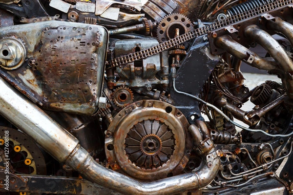Fototapeta arrangement of old, rusty parts car. Fantastic rusty mechanism