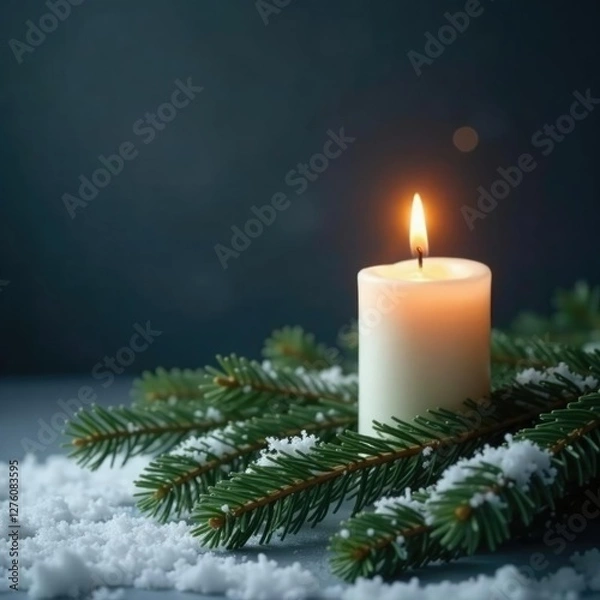 Fototapeta Single burning candle on fir branches against dark grey, serene atmosphere, snow