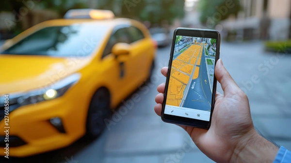 Fototapeta Taxi service people order auto banner vector illustration. Traffic transportation location yellow car business. Delivery drive booking vehicle search application. City automobile.