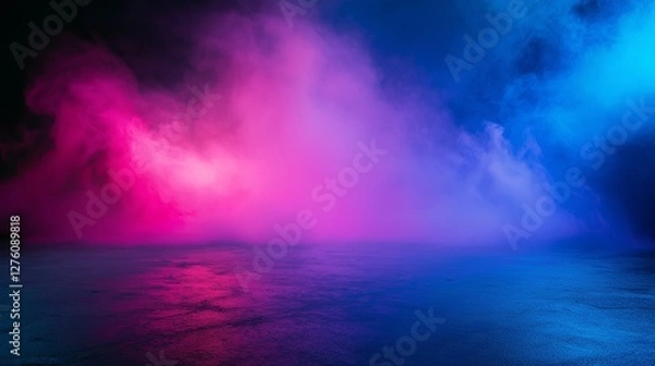 Fototapeta The dark stage shows, empty dark blue, purple, pink background, neon light, spotlights, The asphalt floor and studio room with smoke float up the interior texture for display products