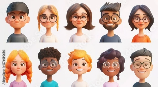 Fototapeta Smiling People Closeup Portrait Set Cute Cartoon Businessman Male and Female Avatars Multi-ethnic Man and Woman Faces Isolated on White Background