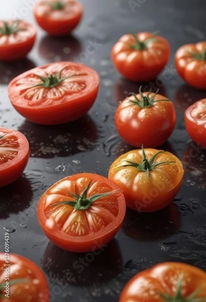 Fototapeta Tomate flotando en un fondo blanco con una capa de aceite, flotante, aceite