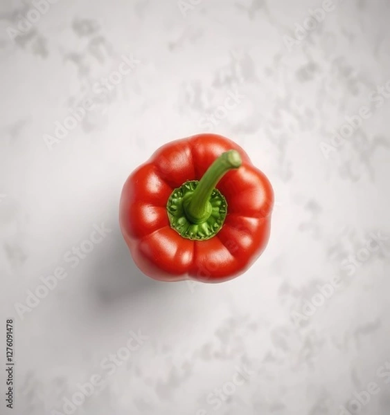 Fototapeta Top view of a red bell pepper on a white background with stem visible, smooth, top view