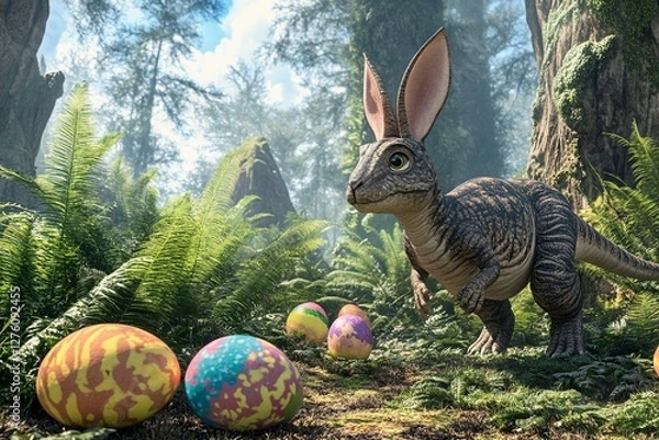 Fototapeta Join a whimsical dinosaur egg hunt where curious rabbits explore vast Jurassic terrain, discovering enormous eggs nestled in the shadows of dinosaur footprints.

