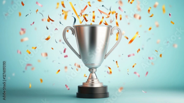 Fototapeta shiny trophy stands proudly against light blue background, surrounded by colorful confetti, symbolizing celebration and achievement