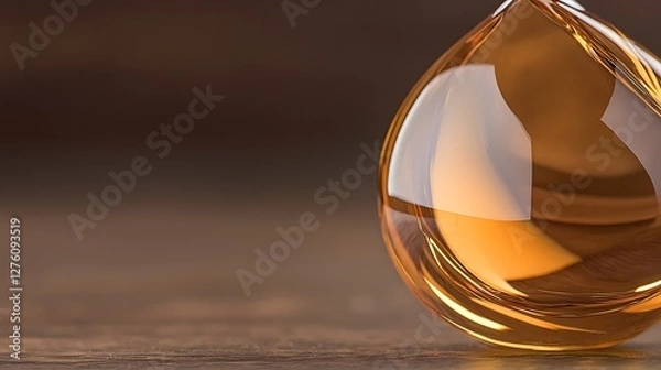Fototapeta Close-up of a single droplet of amber liquid on a wooden surface with soft lighting