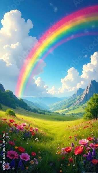 Fototapeta A whimsical rainbow of colors unfurls across a serene landscape, scenery, nature, abstract