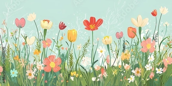 Fototapeta A field of flowers with a blue sky in the background