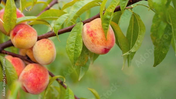 Fototapeta The peach - Prunus persica  - is a fruit bearing  tree. Red, ripe peaches with juicy yellow flash  in the orchard.