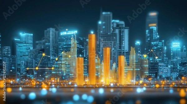 Fototapeta Illuminated city skyline with futuristic data visualization.