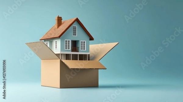 Fototapeta Miniature house in an open cardboard box.  Possible use 3D render of moving house, real estate concept, or home purchase
