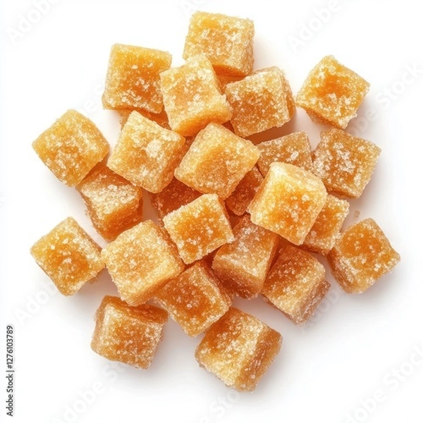 Obraz Delicious golden brown candied ginger cubes, close-up overhead shot.