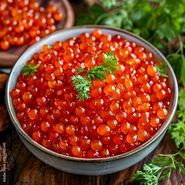 Fototapeta red fish caviar in a plate on a wooden table close-up.