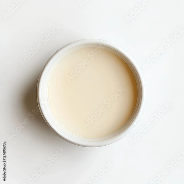 Fototapeta Overhead View of Creamy Beige Liquid in a Small White Bowl.