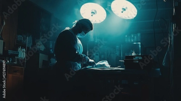 Fototapeta A lone surgeon performs a surgery under a dim teal light, the scene is dark and mysterious, with a focus on the surgeon's silhouette.