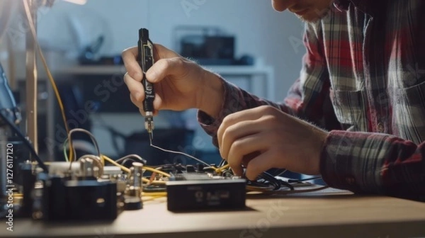 Fototapeta Damaged cables being repaired by a technician in a minimalist office. Featuring electrical repair skills and troubleshooting precision