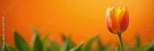Fototapeta A single orange tulip on an orange and green leafy background, natural, spring