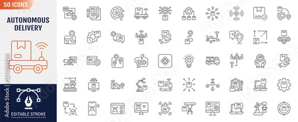 Fototapeta Autonomous delivery line icon set. Editable stroke. Containing as robot, ai, logistic, drone, technology, package and more. Vector illustration