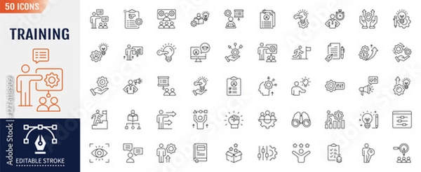 Obraz Training line editable icon set. Containing icons: learning, development, workshop, coach, mentor and more. Vector illustration.