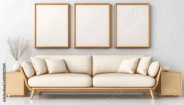 Fototapeta Beige couch with wooden frame and light beige pillows sits in a minimalist living room with three empty light wood picture frames on a white wall