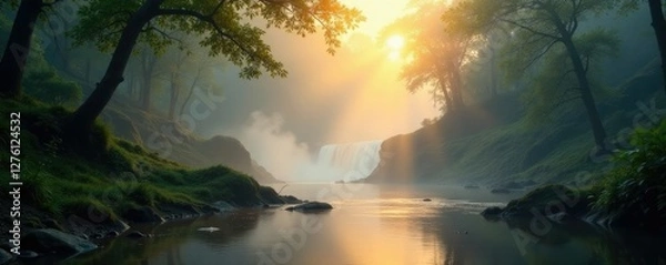 Fototapeta Misty morning in Kanha with gentle sunlight filtering, filtering, waterfall, misty