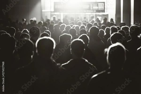 Fototapeta Silhouetted crowd in dim space illuminated by a bright light.