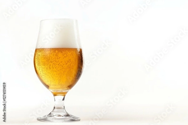 Obraz Glass of amber beer with frothy head on white background. AI image