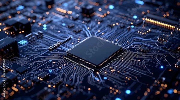 Fototapeta High-Tech Circuit Board with Central Processor Chip