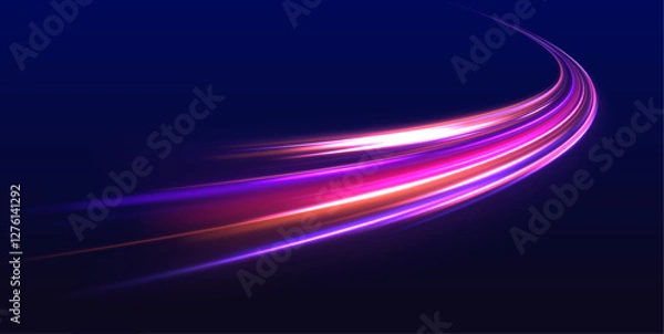 Fototapeta Technology background with motion neon light effect. Abstract neon light trails in a futuristic high-speed motion design. Vector glitter light fire flare trace.	