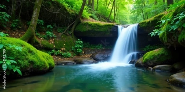 Fototapeta A tranquil waterfall flows over moss-covered rocks in a dense forest, leaf, plant, peaceful