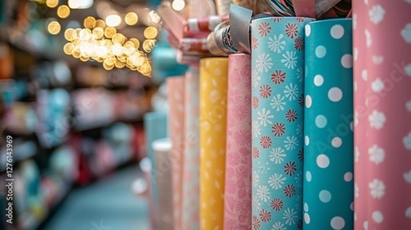 Obraz Colorful rolls of gift wrap displayed in a store.