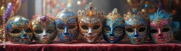 Fototapeta A vibrant display of ornate masks, showcasing intricate designs and colors, perfect for a festive celebration or cultural event.