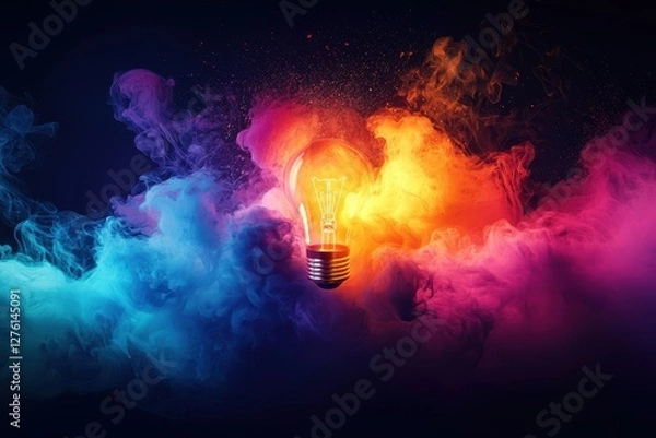 Fototapeta Vibrant light bulb surrounded by colorful smoke
