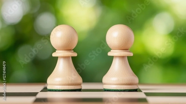 Fototapeta Two light brown chess pieces stand on a chessboard against a blurred green background. The pieces are positioned opposite one another, suggesting a