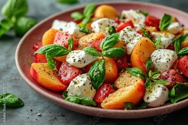 Obraz Fresh Alaskan peach salad with mozzarella and basil on white plate