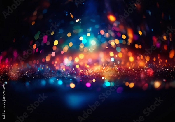 Fototapeta Colorful bokeh lights on a dark backdrop create a festive sparkly atmosphere. Warm and cool tones blend in a blurry, defocused display.