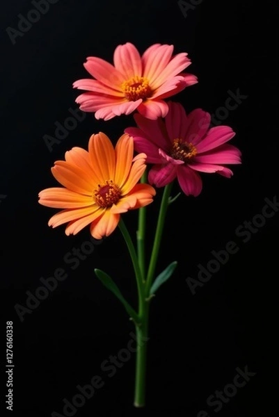 Fototapeta A small bunch of colorful flowers with no stems attached to a black background, isolated, black