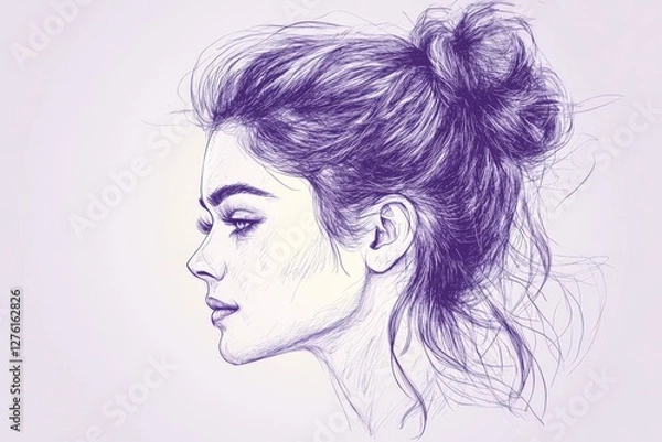 Fototapeta Delicate profile sketch of a young woman with a bun hairstyle and expressive features in soft purple tones