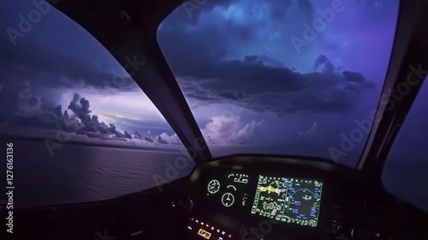 Fototapeta Pov/fpv view from inside of a helicopter cockpit. Aircraft pilot cabin/compartment interior, flight deck. Plane in flight over a rough ocean, sea during thunderstorm. Purple stormy clouds.