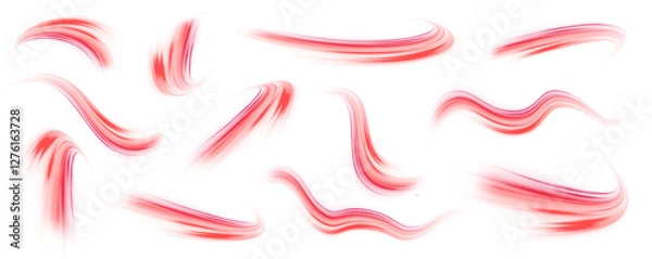 Fototapeta Set of abstract red glowing swirls and speed stripes with fiery glow. Vector illustration in PNG format on white background. Futuristic glowing neon effects. 