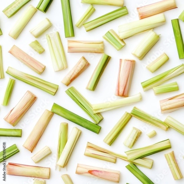 Obraz Flat lay of chopped lemongrass stalks on white background.